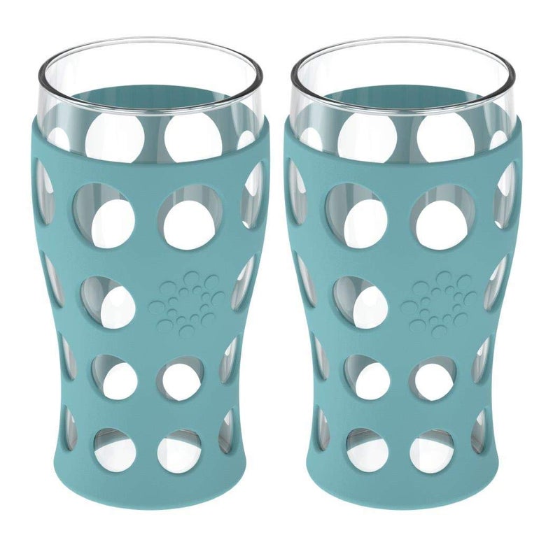 Lifefactory 20-Ounce BPA-Free Indoor/Outdoor Beverage Glass with Protective Silicone Sleeve, 2-Pack, Aqua Teal - Image 1